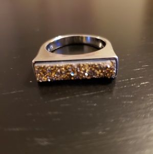 💕Gold Druzy Rectangular Silver Ring